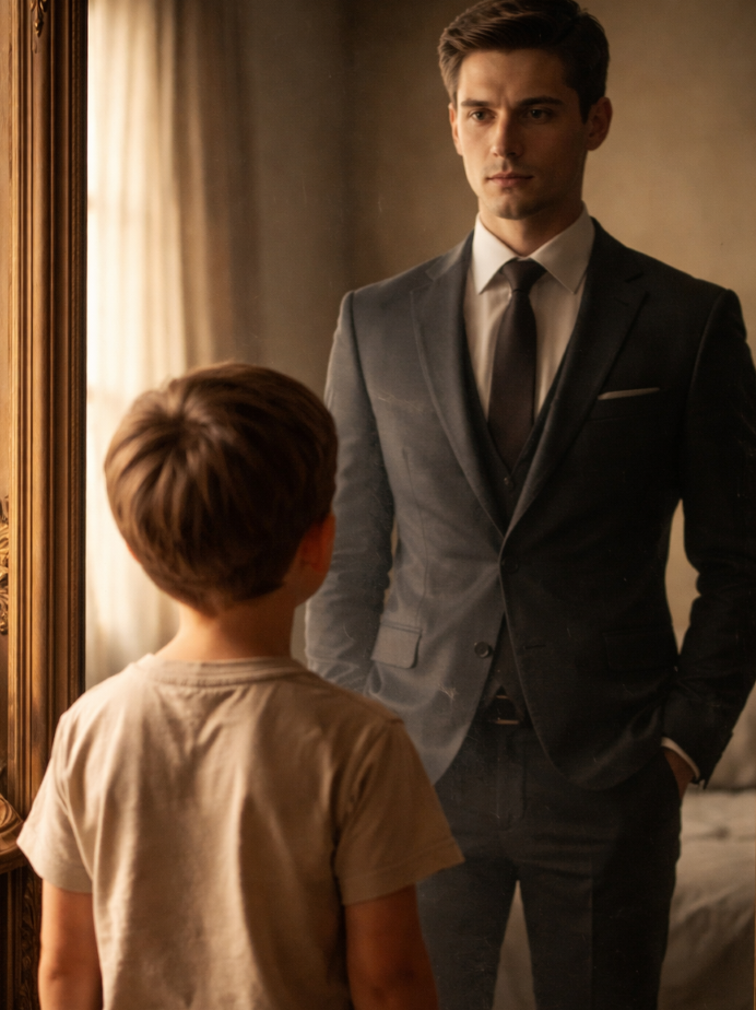 Copil în fața oglinzii, simbol al formării narcisismului și al rănilor emoționale timpurii