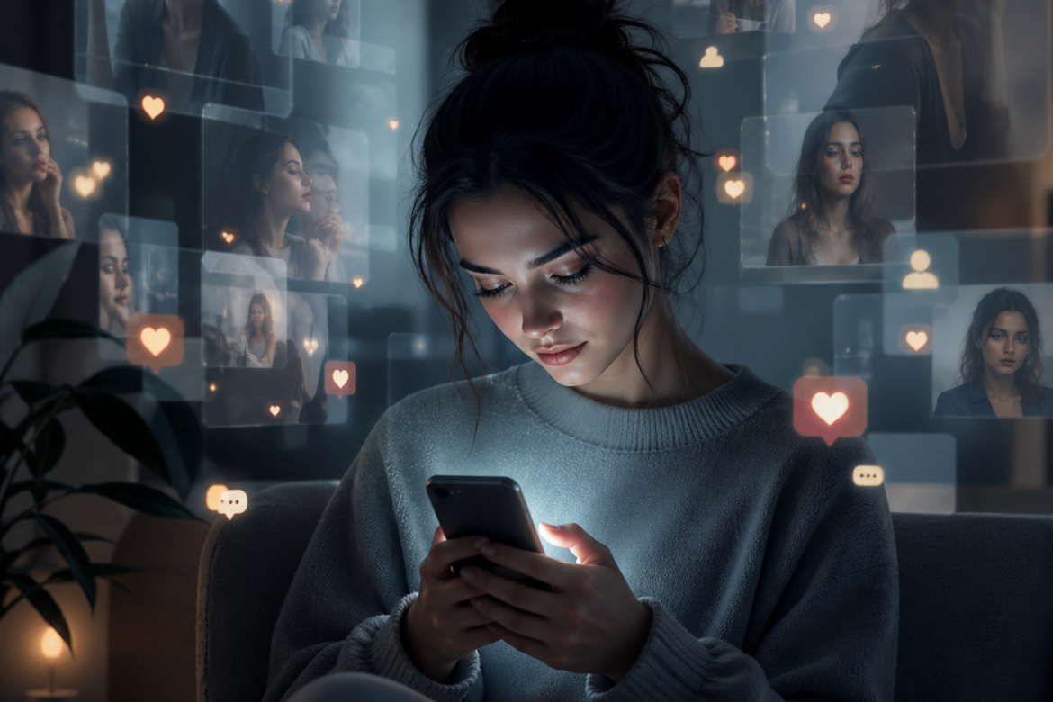 O reprezentare simbolică a felului în care social media poate influența imaginea de sine și nevoia de validare.