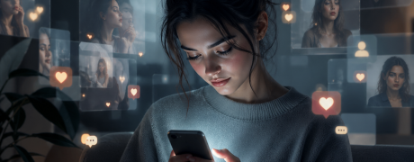 O reprezentare simbolică a felului în care social media poate influența imaginea de sine și nevoia de validare.
