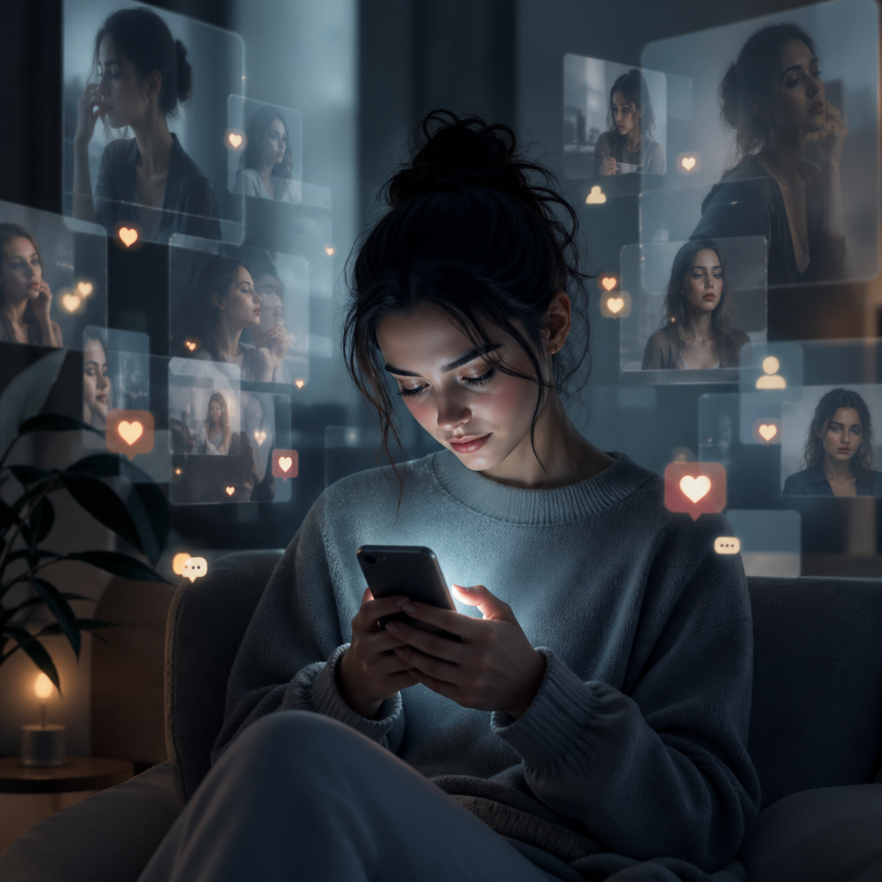 O reprezentare simbolică a felului în care social media poate influența imaginea de sine și nevoia de validare.