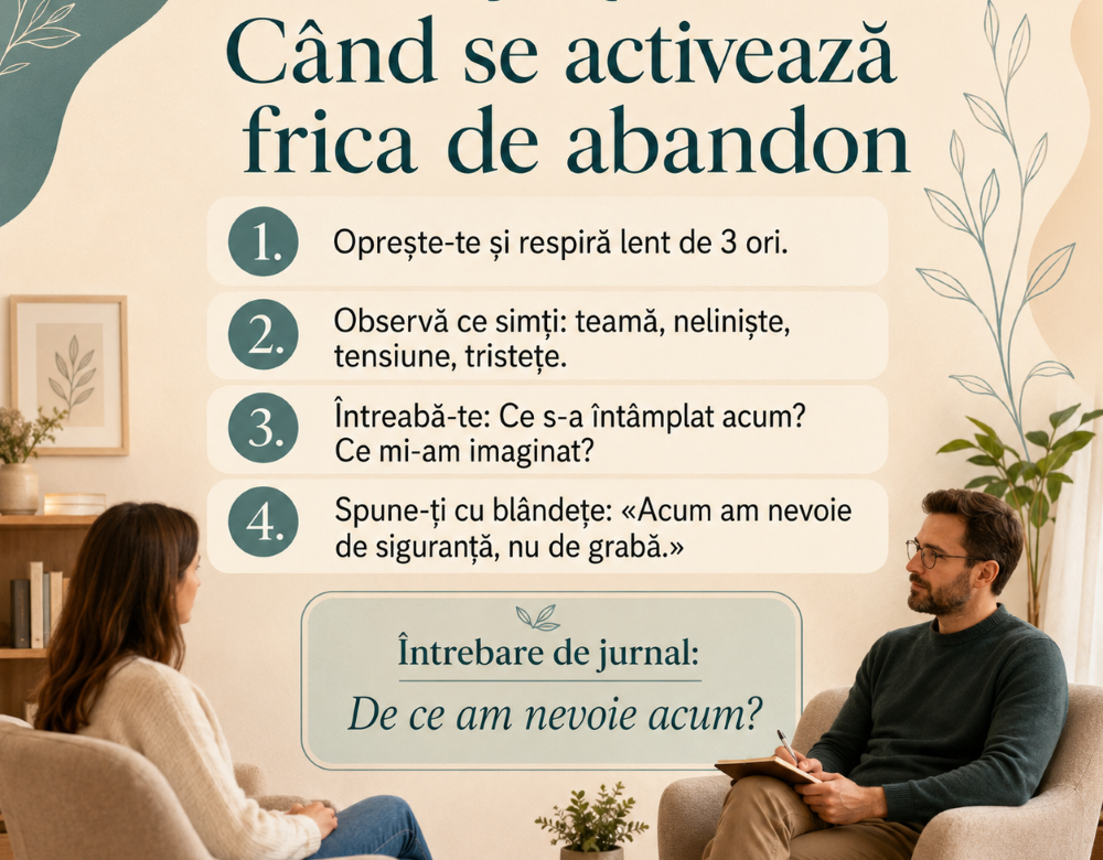 Două fotolii într-un cabinet de psihoterapie simbolizând frica de abandon și nevoia de siguranță emoțională